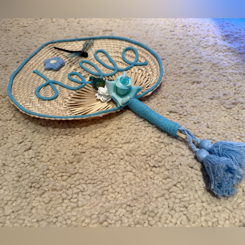 Woven Fan with Blue Embroidery and Tassels